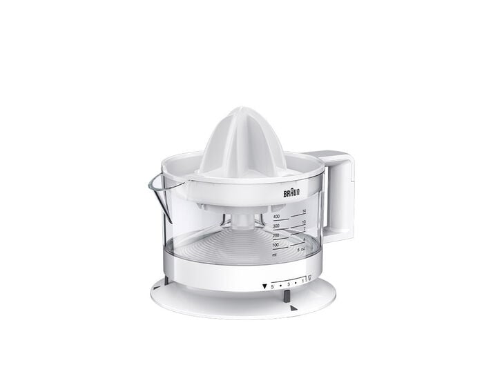 Braun CJ3000 Spremiagrumi, rotazione a destra e sinistra, avvio e arresto  automatici, base antiscivolo, vano portacavo, capacità caraffa 350ml con  misuratore graduato, pratico beccuccio, Bianco : : Casa e cucina